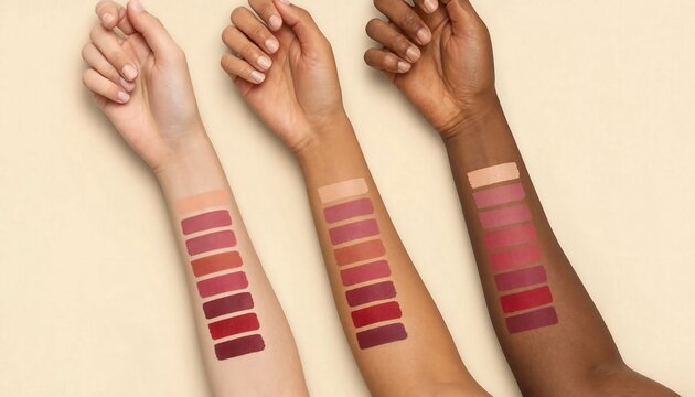 Three arms with different skin tones displaying various lipstick color swatches