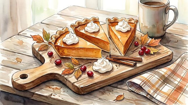 Sweet pumpkin pie slices with whipped cream and autumn decor