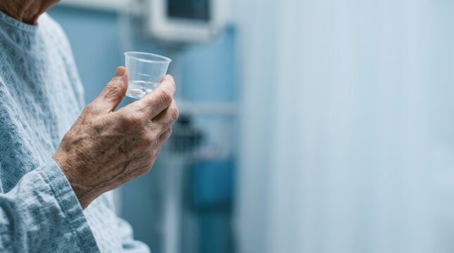 Elderly person in hospital gown holding a clear cup with pills and water Healt clinic