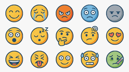 Naklejka premium Modern Colorful Emoji Faces Grid Showcasing Diverse Expressions with Bright Yellow Orange Blue and Green Tones