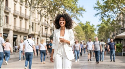 Fototapeta premium Street fashion woman strolling sunny urban street with coffee