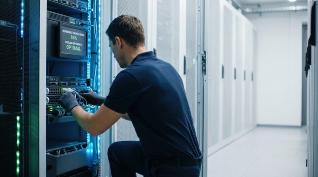 IT technician maintaining server rack in data center with renewable energy usage display, cloud computing and green technology infrastructure concept.