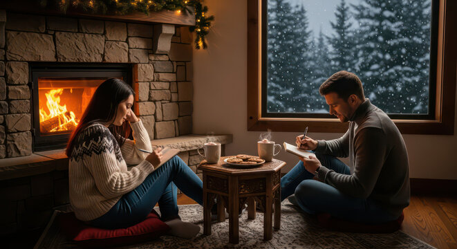 Family Writing at Table During Christmas Celebration