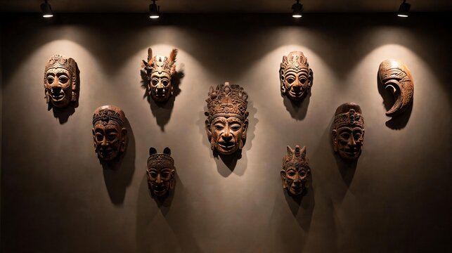 Traditional handcrafted wooden masks from Indonesia displayed on a dark grey wall under warm spotlights