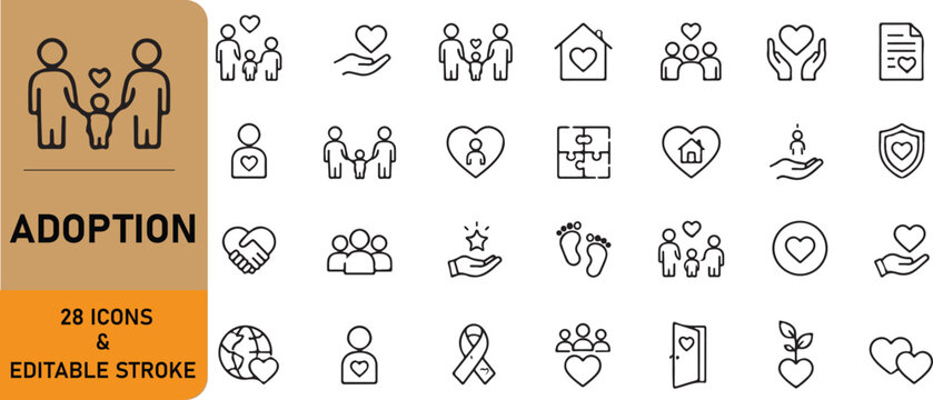 A set of 28 adoption outline icons