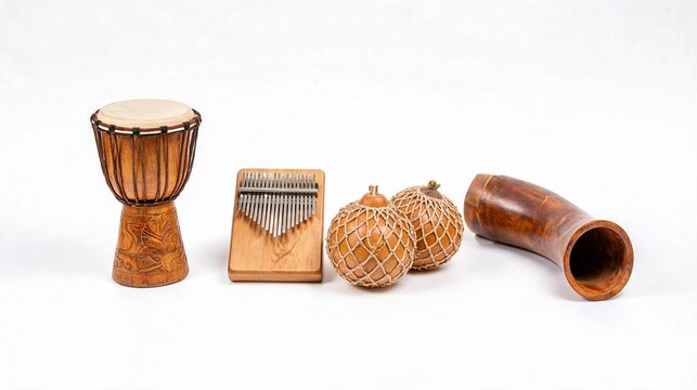 Traditional wooden djembe drum kalimba thumb piano and handmade percussion instruments arranged on white background