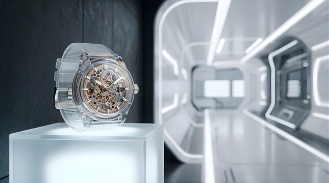 Transparent skeleton watch displayed on a glowing pedestal in a modern hallway