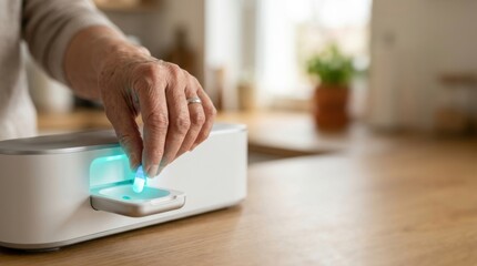 Fototapeta premium An elderly person's hand places a pill into a glowing blue medical device Healt clinic