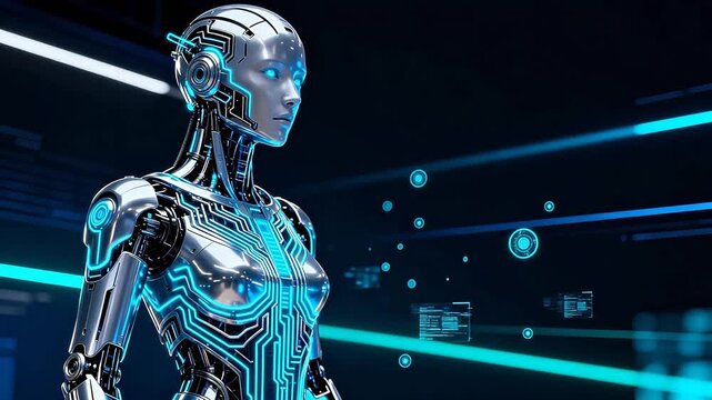 Futuristic female robot in high tech environment