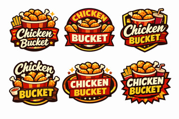 Naklejka premium Collection of crispy fried chicken bucket badges and labels with fast food elements, ideal for branding and menus