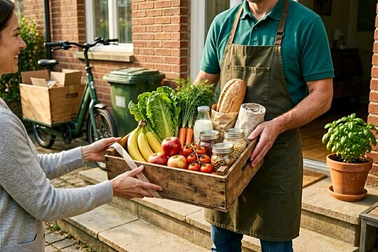 A delivery worker hands over a crate filled with fresh fruits, vegetables, and groceries, representing healthy food delivery, home service, convenience, nutrition, and sustainable living