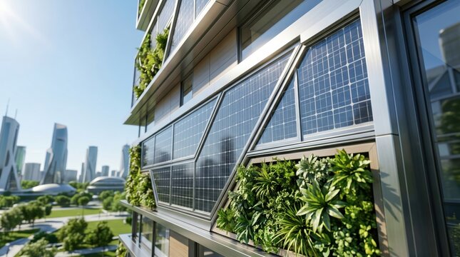 Modern sustainable architecture building facade featuring integrated solar panels and vertical green wall garden, urban eco-friendly design