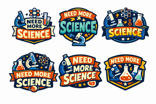 Science stickers set featuring microscopes, test tubes, atoms, and planets, promoting education and discovery