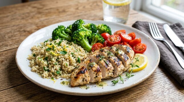 A plate of grilled chicken breast, quinoa, and steamed broccoli on a wooden table with a glass of water and a brown napkin.