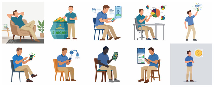 Set of flat vector illustrations of a man managing personal finance, investing in stocks, tracking savings, and achieving wealth goals through a mobile banking app and computer dashboard.
