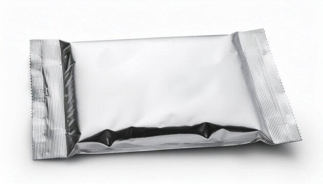 blank white aluminum foil plastic sachet packaging mockup isolated on white background
