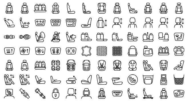 Black and White Car Seat Vector Illustration Editable Stroke Automotive Seat Icon Collection on White Background