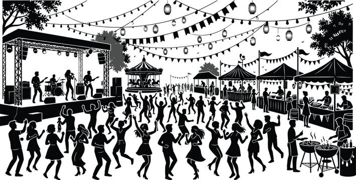 Festive outdoor concert scene in silhouette style with people dancing, stage, food stalls, and bunting on white background