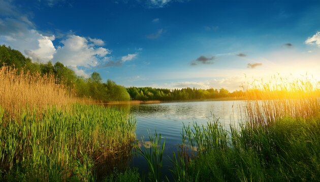 see mit schilf im abendlicht