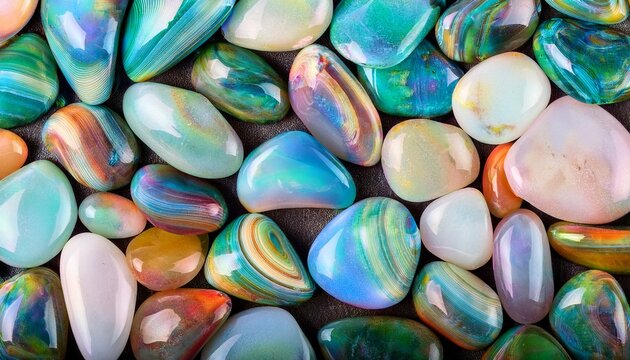 top view on flat surface of colorful opal gemstone mineral texture background