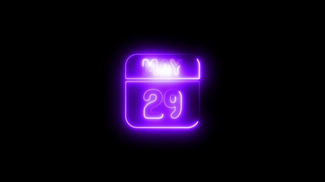 Neon may 29 calendar date glowing purple sign animation