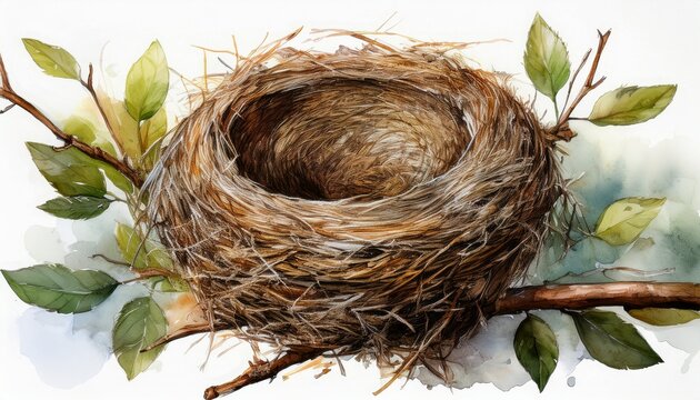 watercolor painting of one single empty birds nest isolated on white background