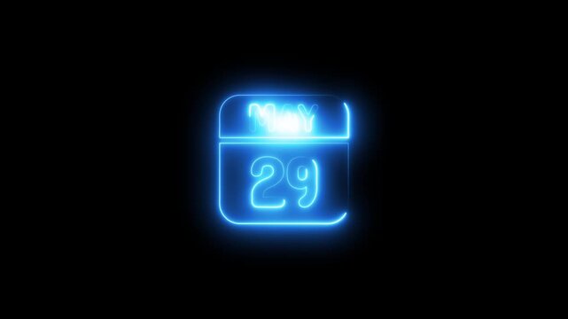 Neon may 29 calendar date glowing blue sign animation