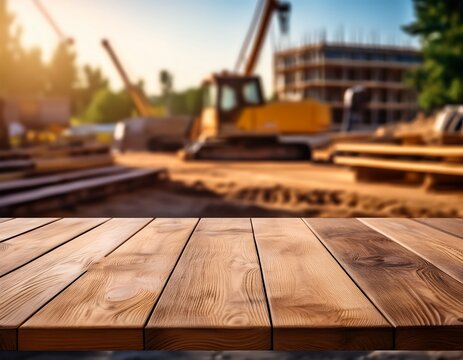 a close up of a rustic empty wooden table with blurred construction site background