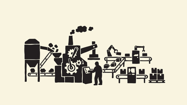 Automated factory production with robotics, machinery, and human supervision.