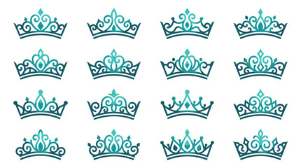 Collection of sixteen ornate teal gradient crown and tiara icons featuring intricate filigree designs and symmetrical ornamental patterns isolated on a plain white background. © ROUDLOTUTTHULLAB