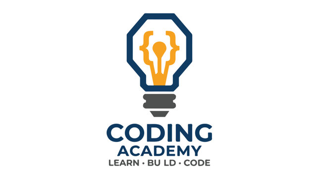 Coding Academy Logo Design with Lightbulb and Programming Syntax Symbols.