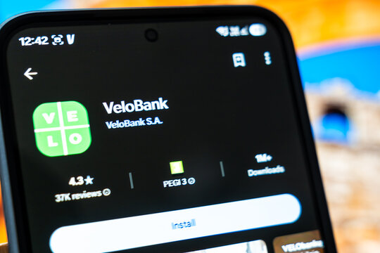 Warsaw, Poland - July 6, 2026: Close-up view of VeloBank mobile app screen displaying details and download option for users interested in banking solutions on smartphone.