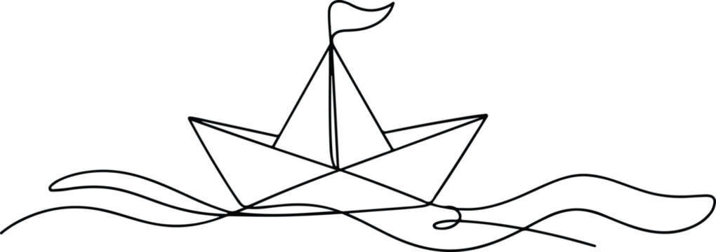 A simple line drawing of a paper boat on wavy lines of water with a flag