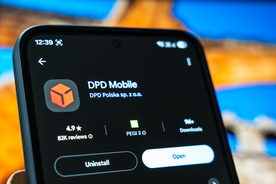 Warsaw, Poland - July 6, 2026: Close-up view of DPD Mobile application displayed on smartphone screen, showcasing logistics service features with user-friendly interface.