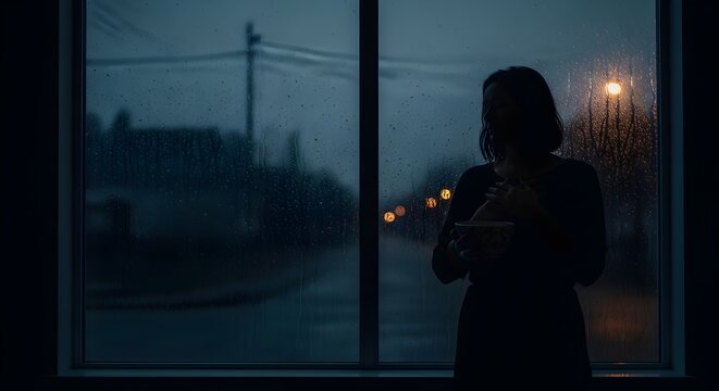 Silhouette of a woman looking out a large window at dusk