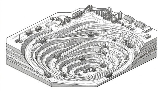 Illustration of a large open pit mine with buildings and machinery.