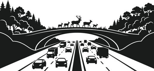 Obraz premium Silhouette of wildlife crossing bridge over highway with cars on road isolated on white background in vector illustration