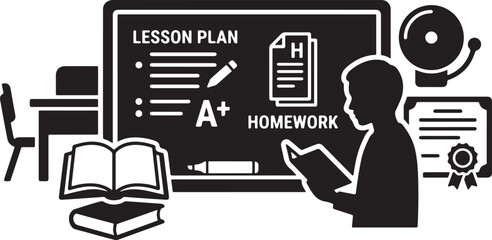 Student reading book at desk with blackboard lesson plan homework. © TREND AND VECTORS