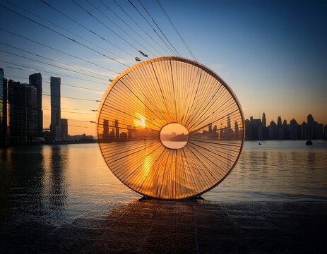 abstract circular structure with glowing orange light at dawn silhouetting a modern city skyline along the water s edge at sunrise