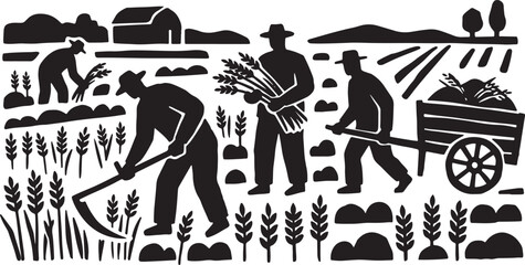 Farmers harvesting wheat crop in agricultural fields with old wooden hand cart and scythes. © TREND AND VECTORS