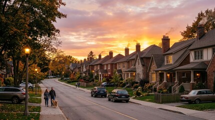 Fototapeta premium A serene suburban street at sunset with houses, trees, and parked cars.