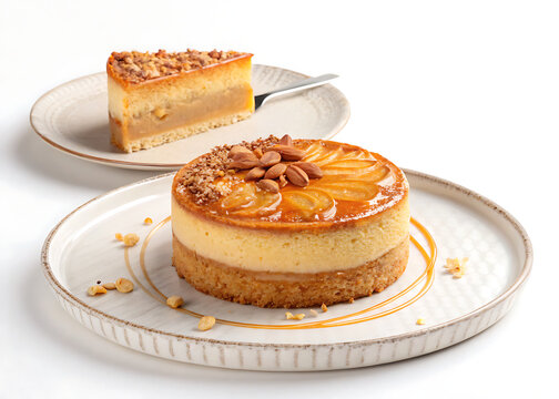 Portuguese Toucinho do C&eacute;u almond cake on elegant ceramic plate, minimal styling, white background