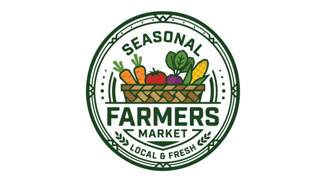 Vintage style farmers market badge logo with basket of fresh vegetables.