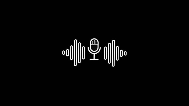 Minimalist white line art microphone icon with dynamic sound wave visualization pulsating in a clean digital motion video clip