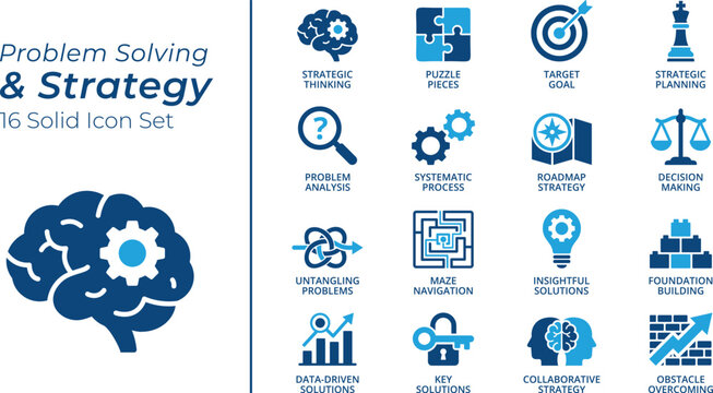 Problem Solving and Strategy Solid Icon Set. Include Symbols Strategic Thinking, Problem Analysis, Key Solutions. 16 Blue Icon Collection