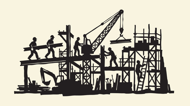 Industrial construction site silhouette workers building scaffolding steel beams machinery.