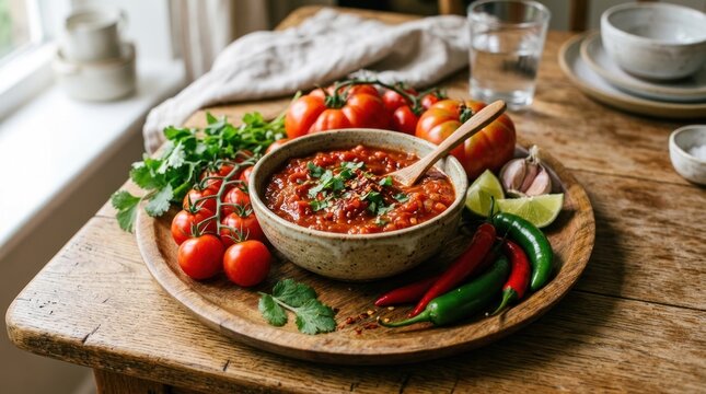 A bowl of vibrant red salsa with fresh tomatoes and herbs on a rustic wooden table, surrounded by fresh tomatoes and a glass of water.