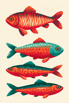 Modern minimalist fish collection with colorful geometric patterns in Scandinavian mid century style illustration on neutral background