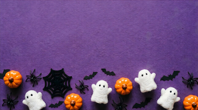 Halloween decorations, spooky ghosts, pumpkins, and bats on purple background, festive holiday scene isolated on White Background helloween