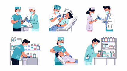 Obraz premium Medical professionals providing dental care services in a clinic setting using Vector graphics